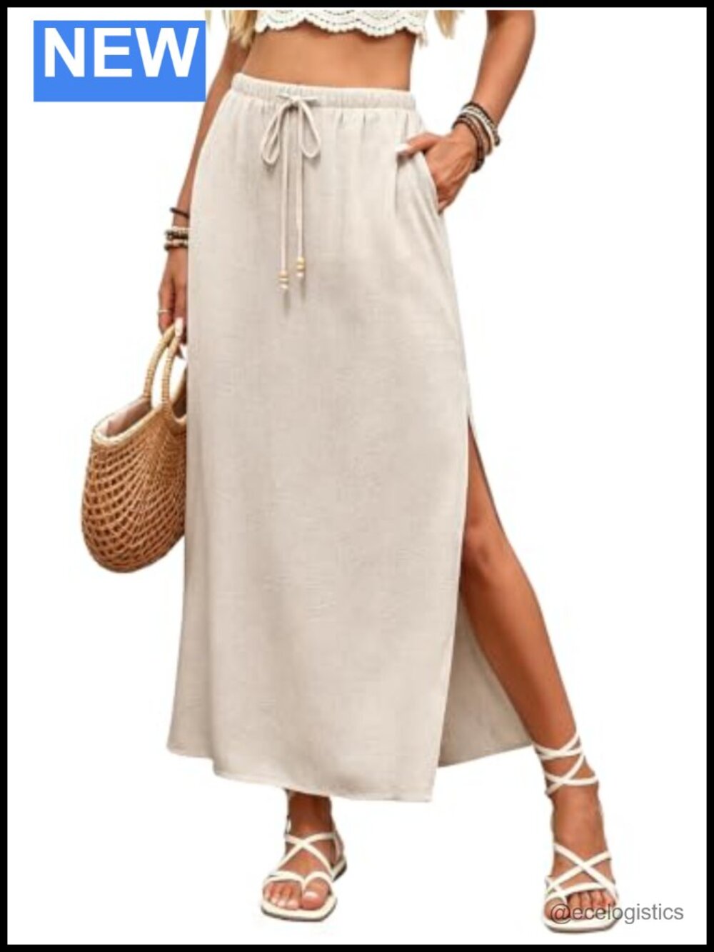 Linen Maxi Skirt Side Slit Drawstring Elastic Waist Boho Long Skirt Women